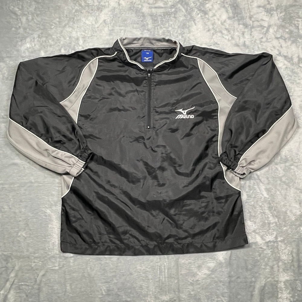 Mizuno Pullover Windbreaker Kids Youth Medium Black Grey 1/4 Zip Activewear